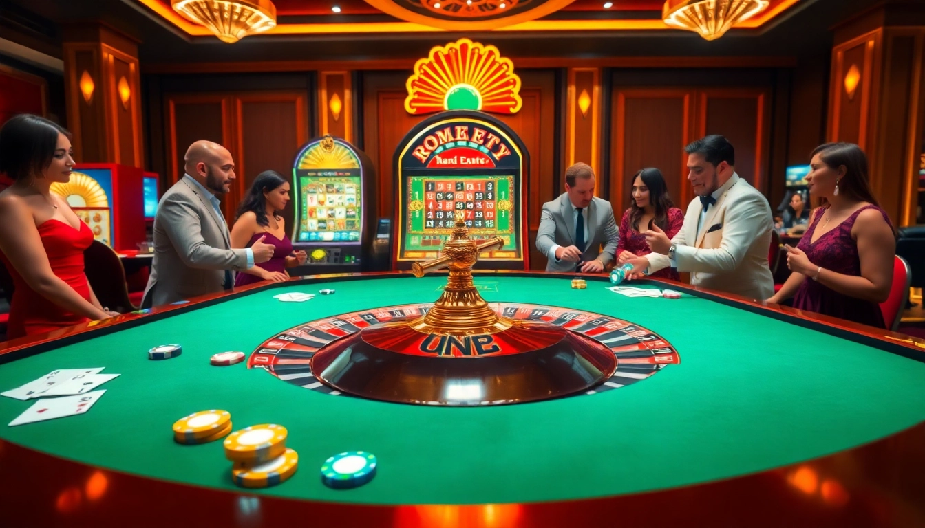 Excited players engaging at a luxurious casino table, highlighting the rr88 gaming experience with vibrant roulette and poker elements.