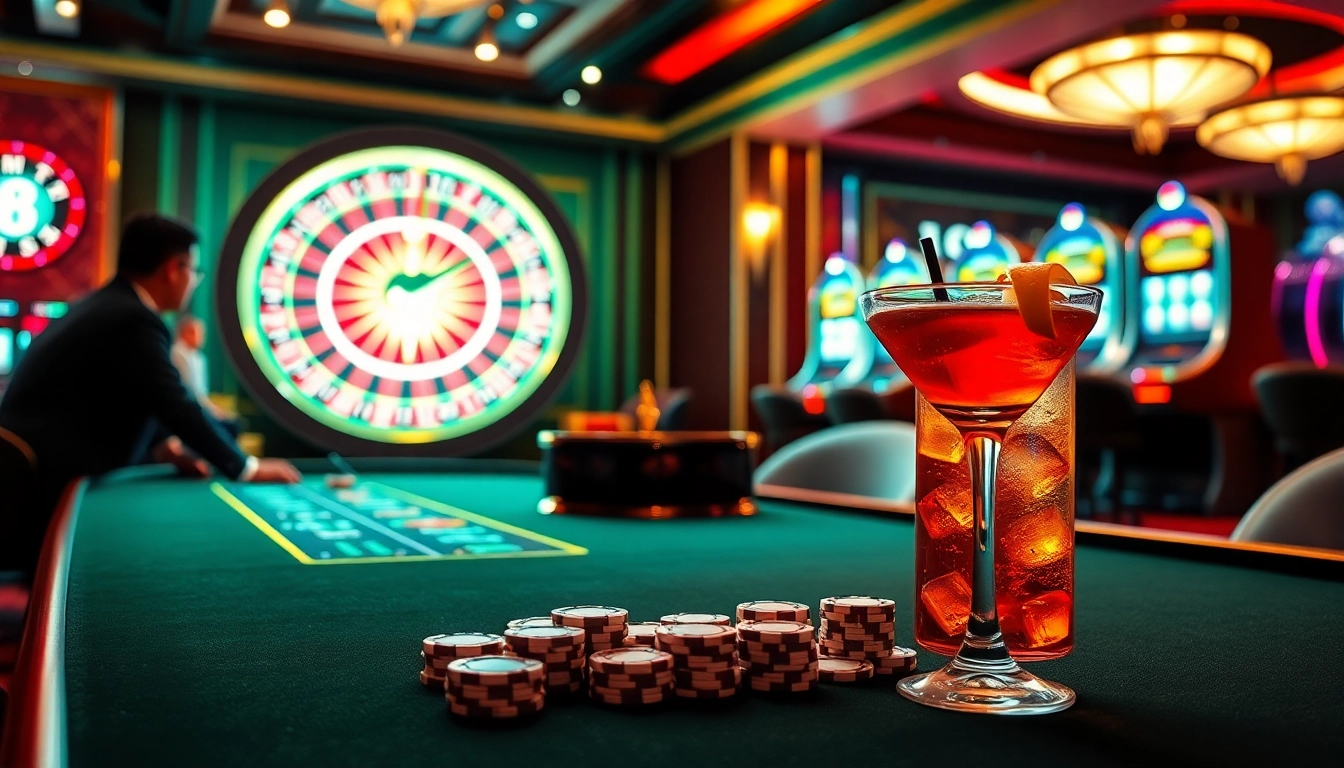 Experience the excitement of J88 with players engaging at a poker table amidst vibrant casino elements.