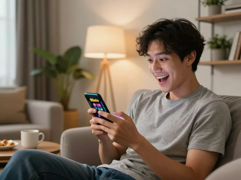 Engaging gameplay on the app 98win while enjoying a cozy home atmosphere.