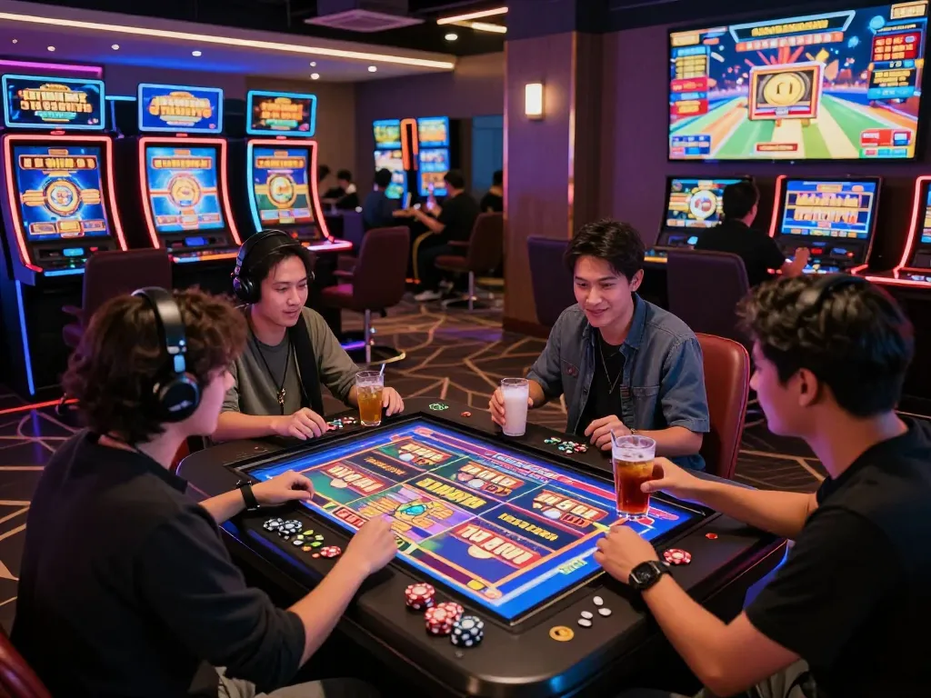 Pemain yang bersemangat mengalami situs slot gacor di lingkungan kasino modern dengan tampilan warna-warni dan suasana yang hidup.