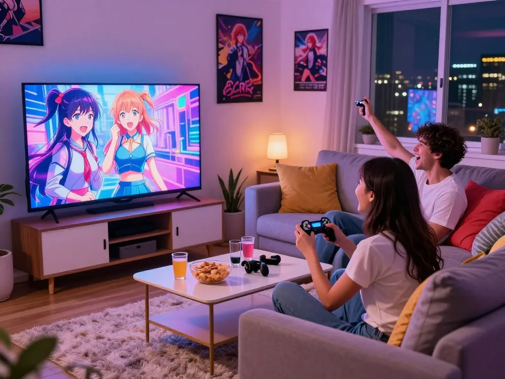 Couple enjoying exciting sex games on a cozy sofa during evening.