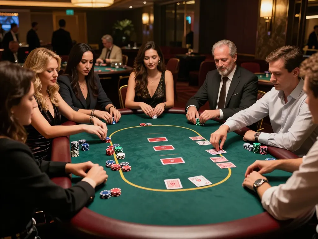 Players engaging in a lively poker game at vipwin casino, showcasing excitement and strategy.