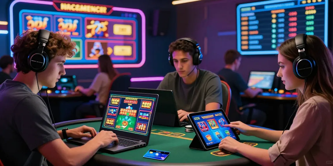 Engaged players enjoying a credit card casino experience online with modern devices and vibrant graphics.