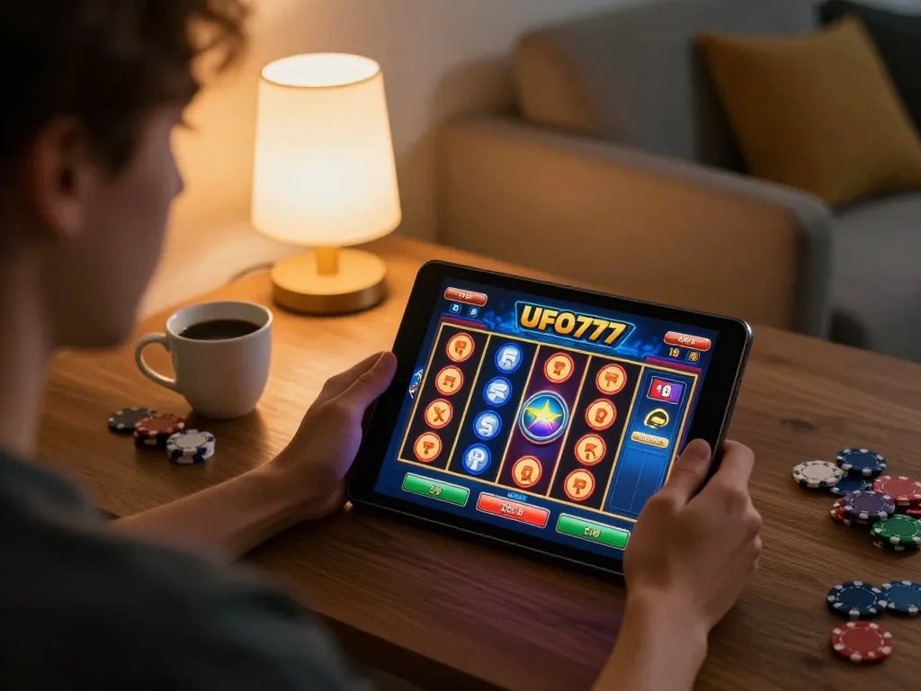 Engaging in UFO777 slot gameplay on a tablet with vibrant reels and cozy home decor ambiance.