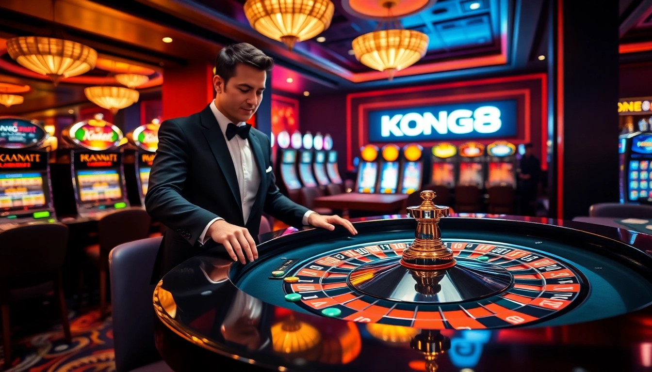 Experience the thrill of KONG88 at an upscale casino with a vibrant roulette table and elegant setting.