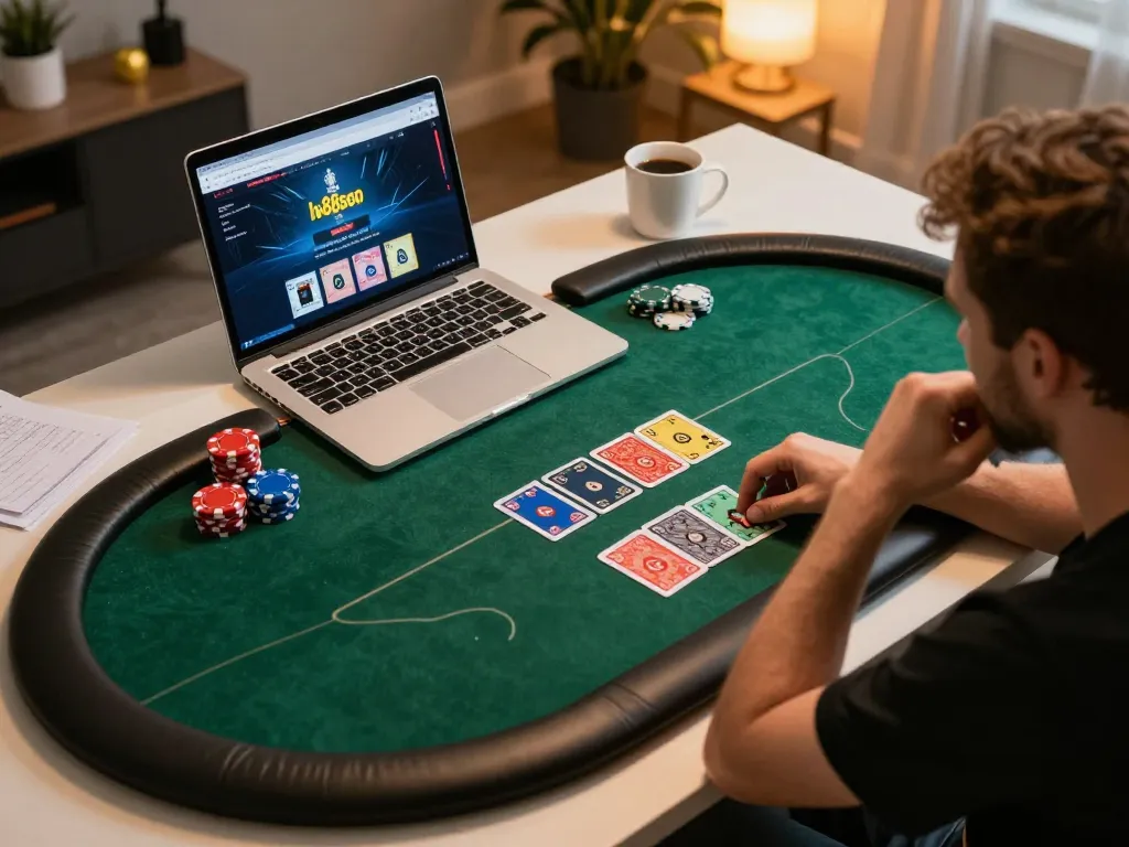 Players strategizing with lv88seo as they place bets at a dynamic poker table in a cozy home setting.