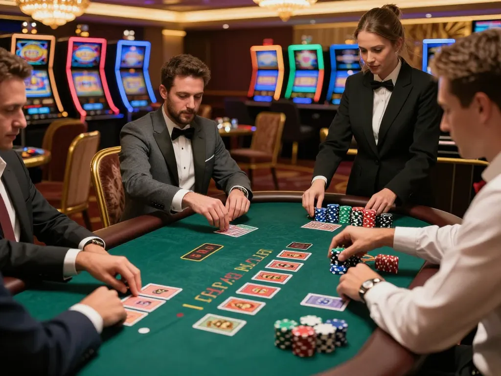 Engaged players strategizing at a trang casino blackjack table, vibrant atmosphere with luxury decor.