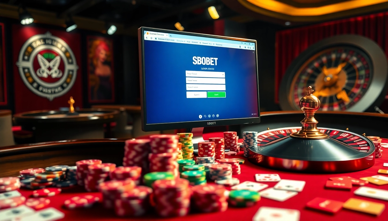 Engaging scene of sbobet login on a luxury casino interface with vibrant cards and roulette elements.