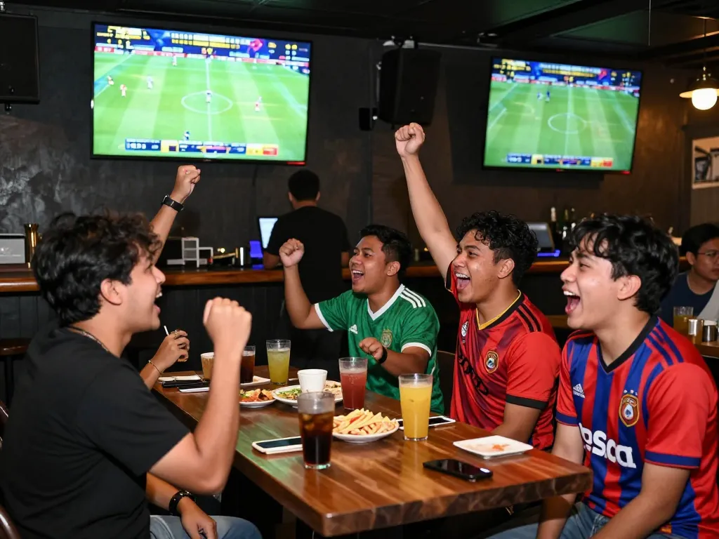 Exciting Judi Bola betting experience with friends enjoying a football match at a lively bar.