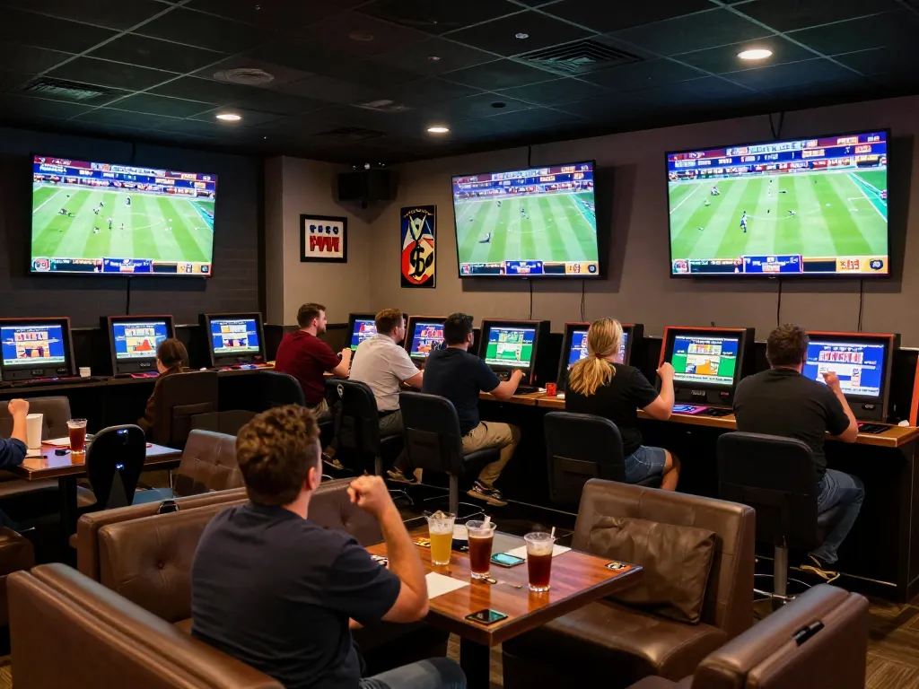 Fans studying tỷ lệ kèo nhà cái hôm nay while placing bets in an exciting sports betting lounge.