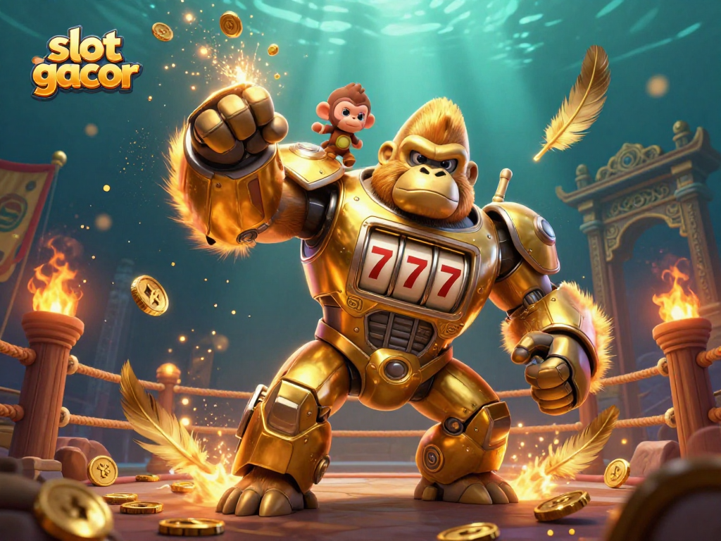 Engage with the electrifying slot gacor experience featuring a golden gorilla mech and vibrant casino elements.