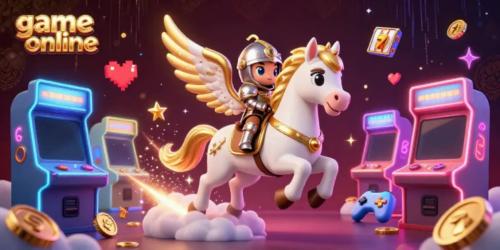 Experience thrilling game online action with a knight and celestial horse amidst vibrant casino elements.