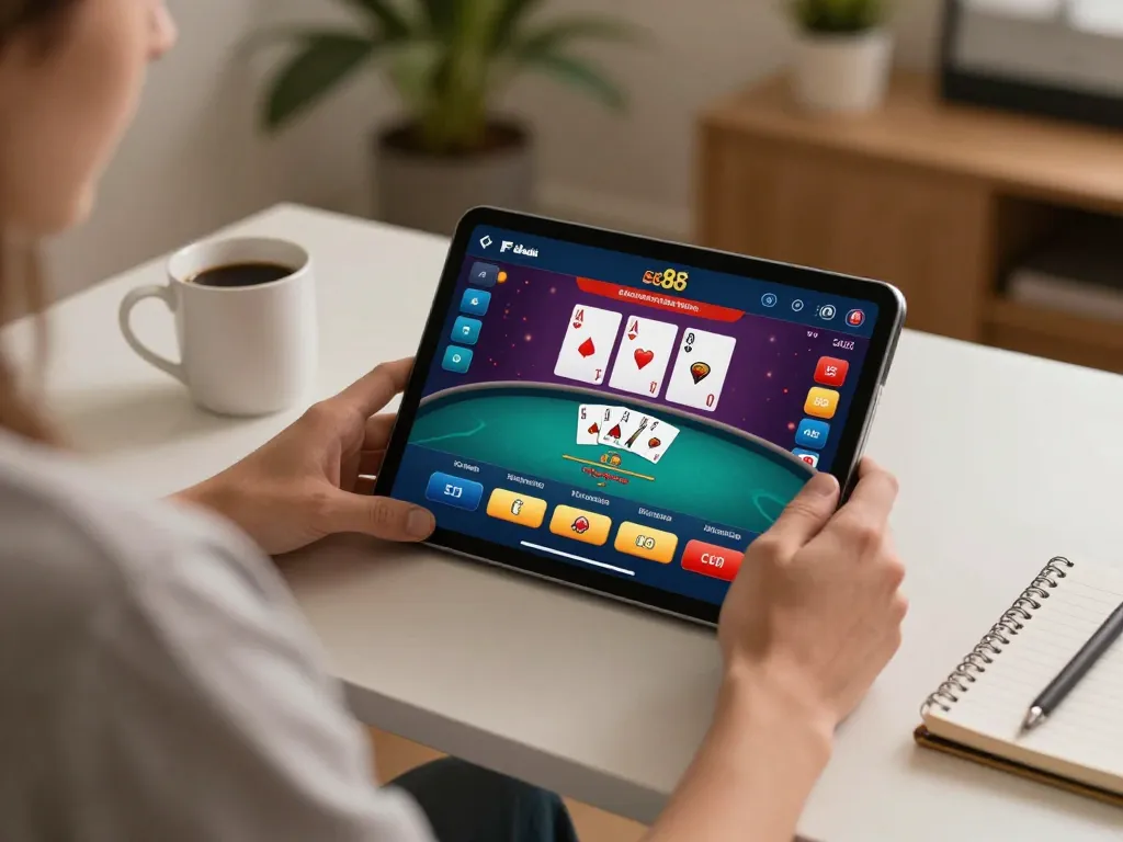 Engaged player using the tablet for online gambling at sc88.charity, showcasing a lively poker game.