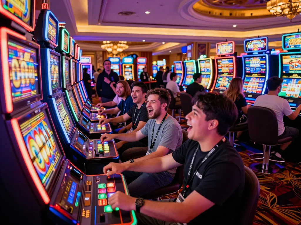 Players enjoying the excitement of link slot machines in a lively casino atmosphere