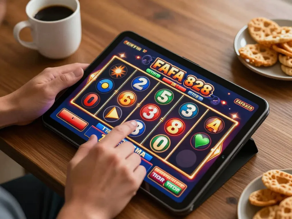 Player enjoying a mobile casino experience with FAFA 828, engaging with an online slot game on a tablet.