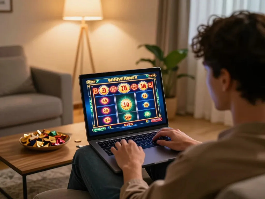 Engaging in online usa casinos with a laptop in a cozy home setting, showcasing exciting slot gameplay.