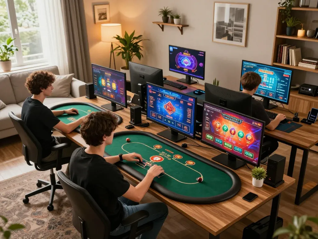 Experience strategic online gambling with link gg88 during an intense poker game at home.