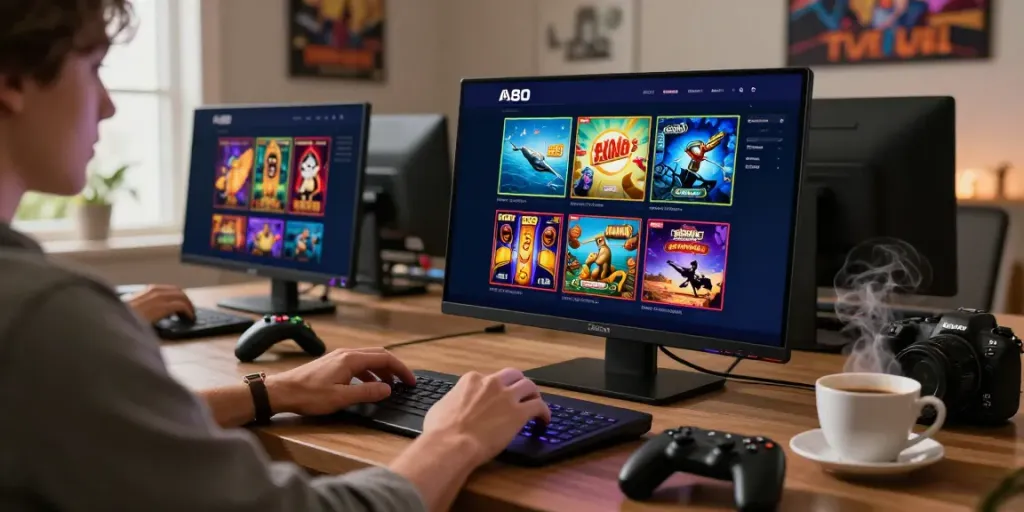 Casual gamer exploring A80 casino interface with a laptop showcasing colorful games in a cozy atmosphere.