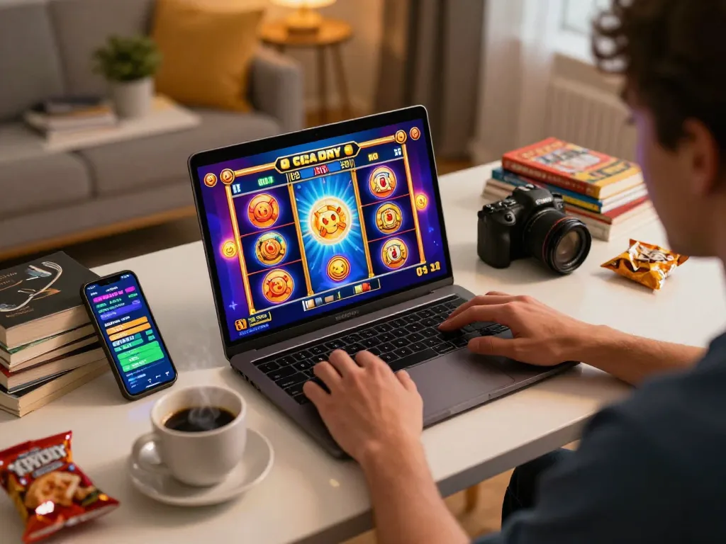 A person enjoying aman788's online slot games on a laptop in a cozy home setup, showcasing an engaging gaming session.