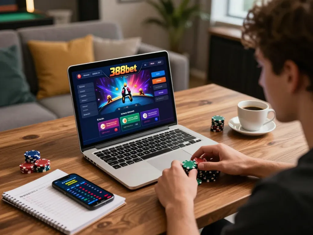 Engaged player using 388bet for online poker strategy with vibrant interface and cozy ambiance.