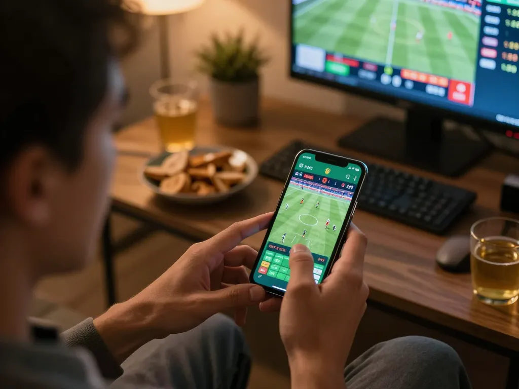 Engaging in live sports betting on nk88 app with smartphone, capturing excitement of real-time wagering