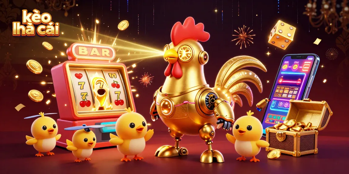 Experience kèo nhà cái excitement with a golden rooster robot amid casino chaos.