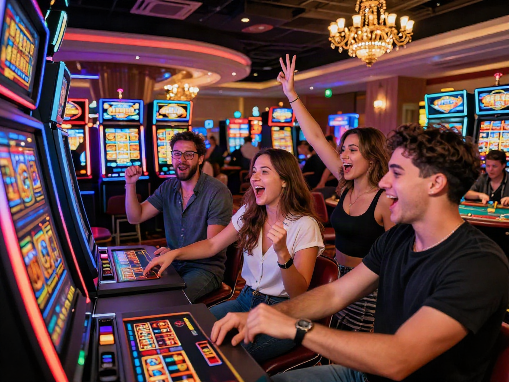 Friends celebrating at a slot machine in a bustling casino with vibrant lights.