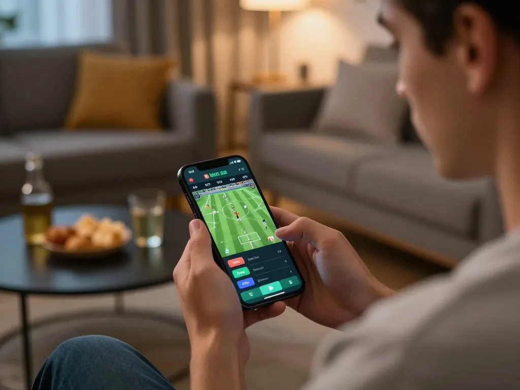 Engaged player placing sports bets via smartphone at https://rr888.shopping/ showcasing excitement in a modern home.