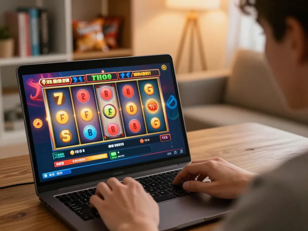 Player enjoying kdslot77 online slots with vibrant reels spinning on a laptop in a cozy living room.