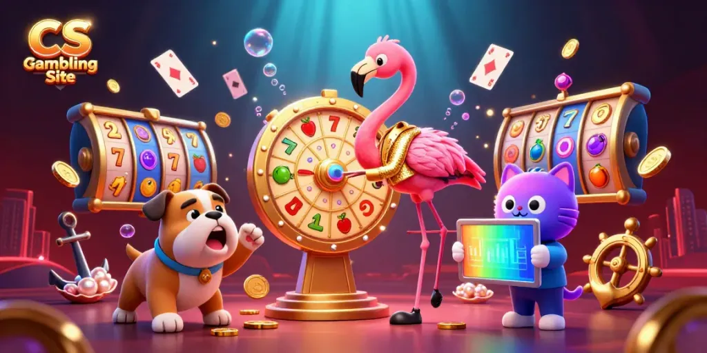 Celebrate wins at a vibrant CS Gambling Site with engaging characters, spinning reels, and gold coins.