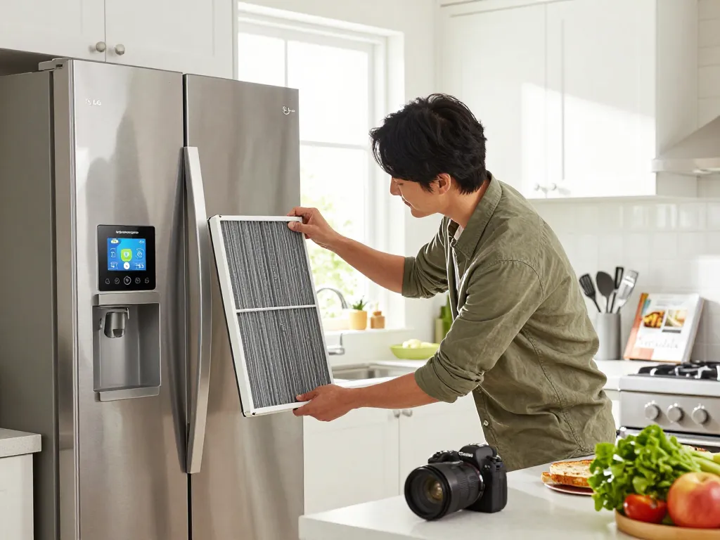 Waterdrop Replacement for LG® LT120F® Refrigerator Air Filter installation in a modern kitchen, showcasing ease and freshness.