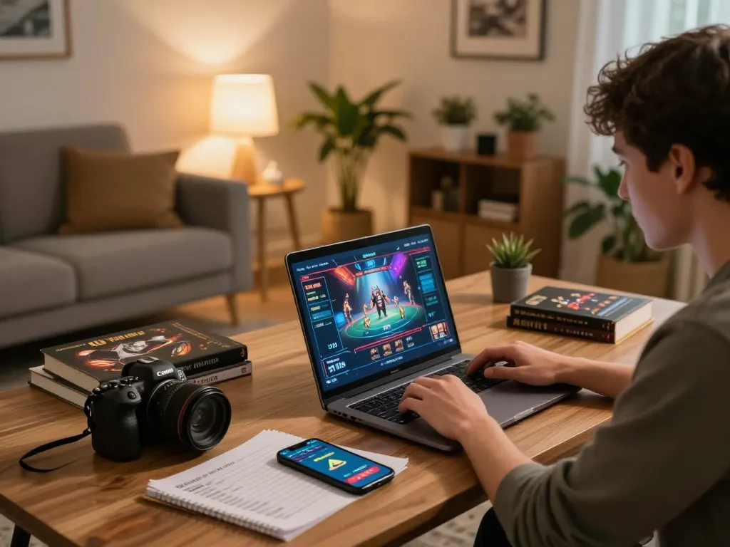 Engaging in online casino gaming on mk8th.net with a cozy home setup, showcasing a modern atmosphere and responsible gambling.