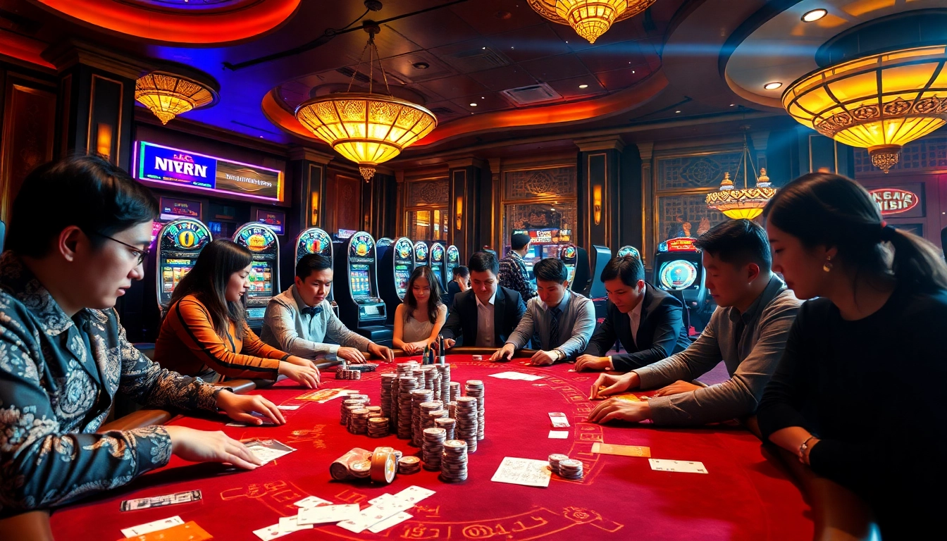 Lô Đề Trực Tuyến action at a vibrant casino table with players engaged and chips stacked.