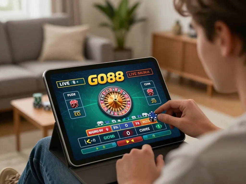 Player engaging in a GO88 live casino game while enjoying a cozy evening at home.