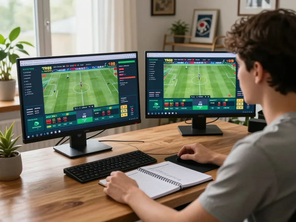 Person placing bets on TR88 sports betting app while analyzing live events on multiple screens.