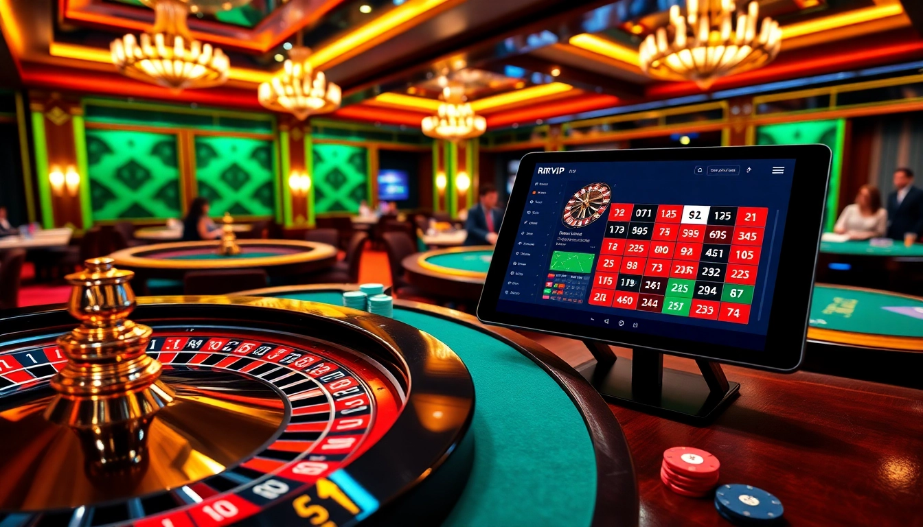 Gamblers experience high-stakes action with Rikvip's vibrant casino interface and roulette wheel.