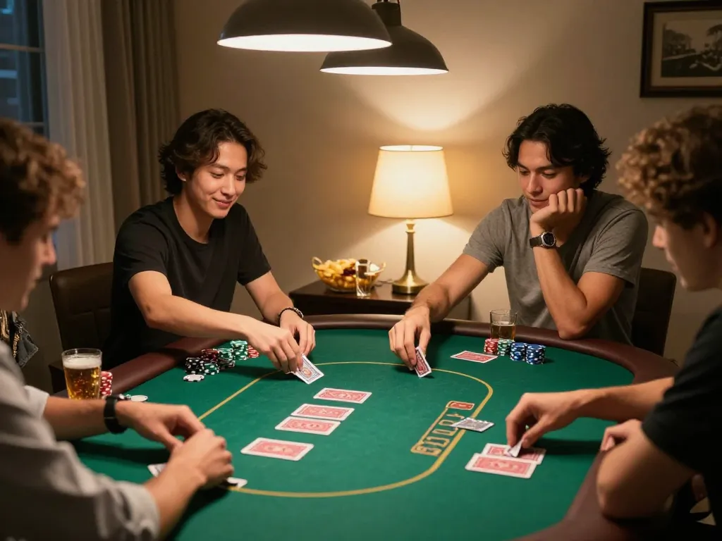Casual poker game with friends showcasing app lc88 used for tracking bets and strategies.
