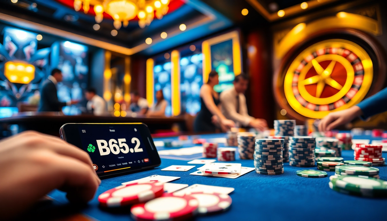 B52 gaming atmosphere with casino chips, mobile app, and roulette wheel for thrilling experiences.