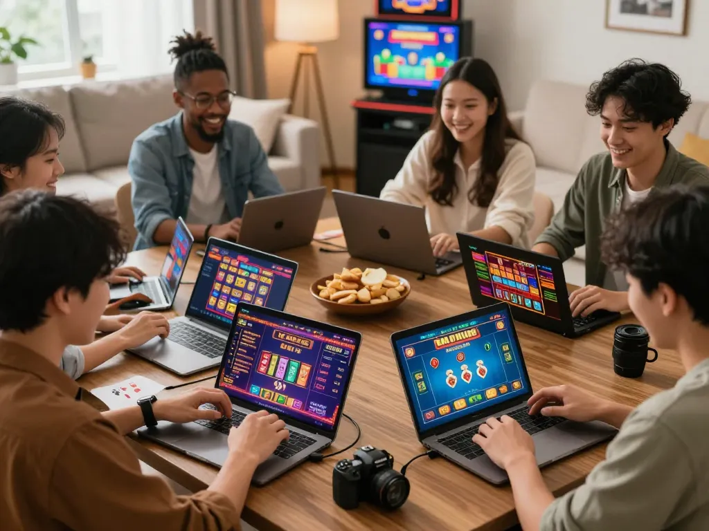 Players enjoying various games offered by Nhà Cái Kuwin in a cozy online gambling environment.