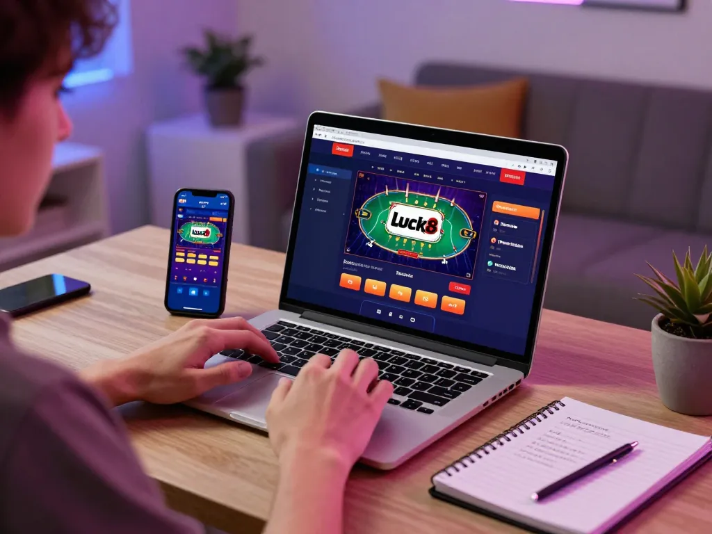 Luck8 online casino interface displayed on a laptop during an engaging home gaming session.