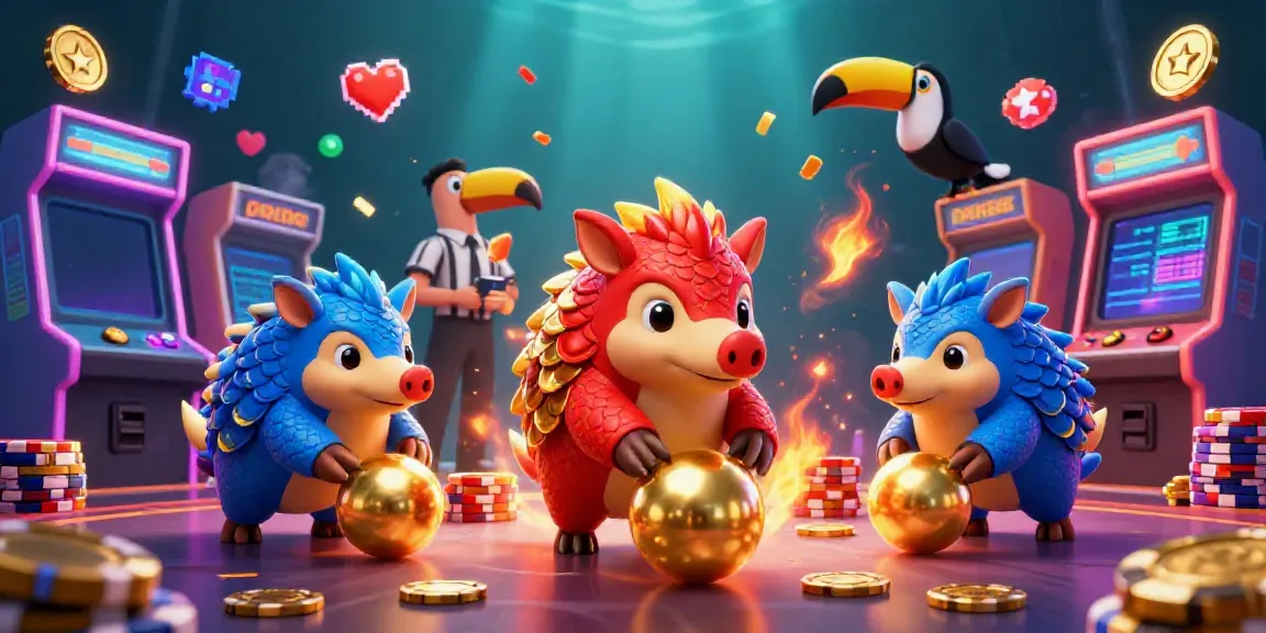 Parsbet'te rakip pangolinlerin altın toplara yuvarlanıp poker çipleri arasında bowling yaparken gösterildiği 3D illüstrasyon.