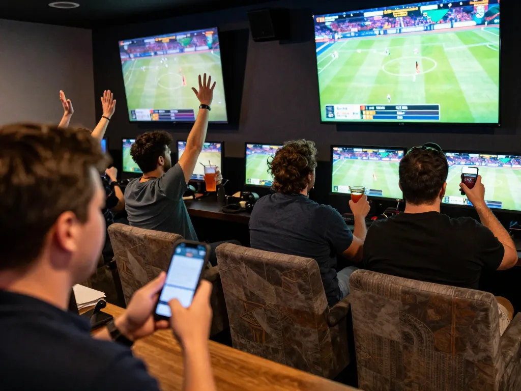 Dynamic sports betting scenario showcasing keo bong da truc tuyen with engaged patrons using mobile apps during live games.