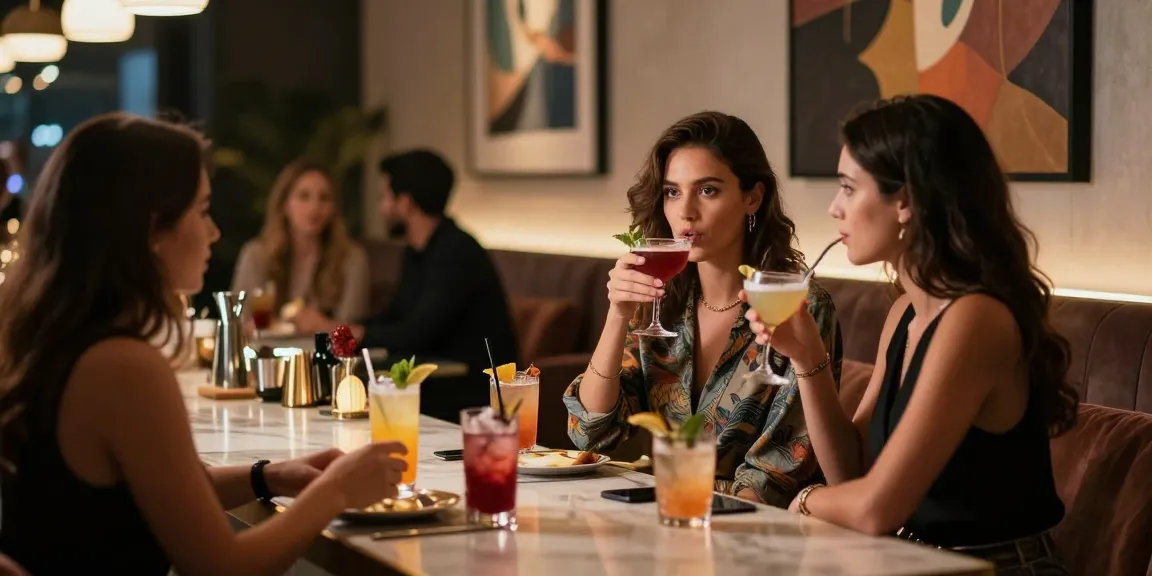 Gái gọi trong không gian lounge sang trọng, thưởng thức cocktail và trò chuyện, ánh đèn lãng mạn tạo không khí.