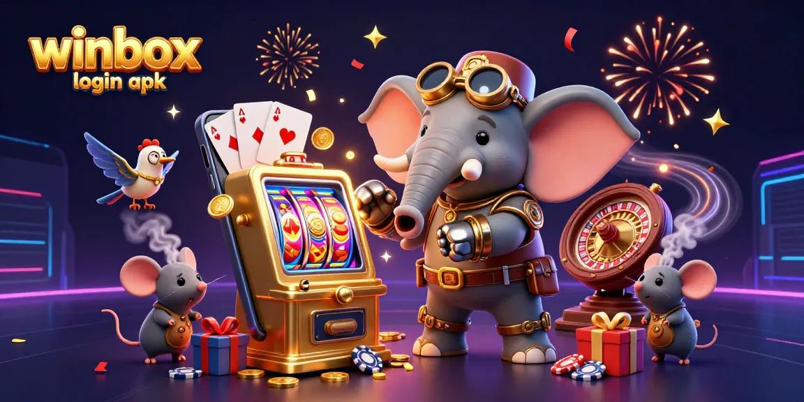 Experience the excitement of winbox login apk with playful characters amidst vibrant casino elements.