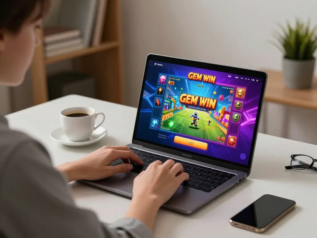 Engaged player enjoying GEM WIN games on a laptop in a stylish home setup