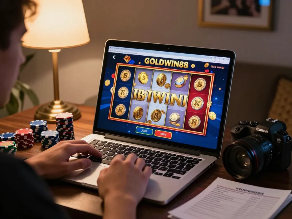 Pemain merayakan kemenangan besar di GOLDWIN88 dalam pengaturan permainan rumah yang nyaman, menampilkan slot online dan strategi pengelolaan bankroll.