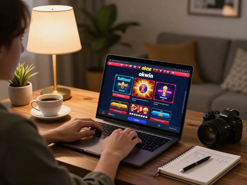 Engaging with okwin's captivating online casino interface while enjoying a comfortable home setup.