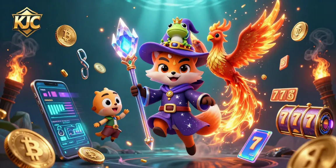 KJC showcases a mystical wizard fox and phoenix in an exhilarating casino scene filled with vibrant slot machines and bitcoin elements.