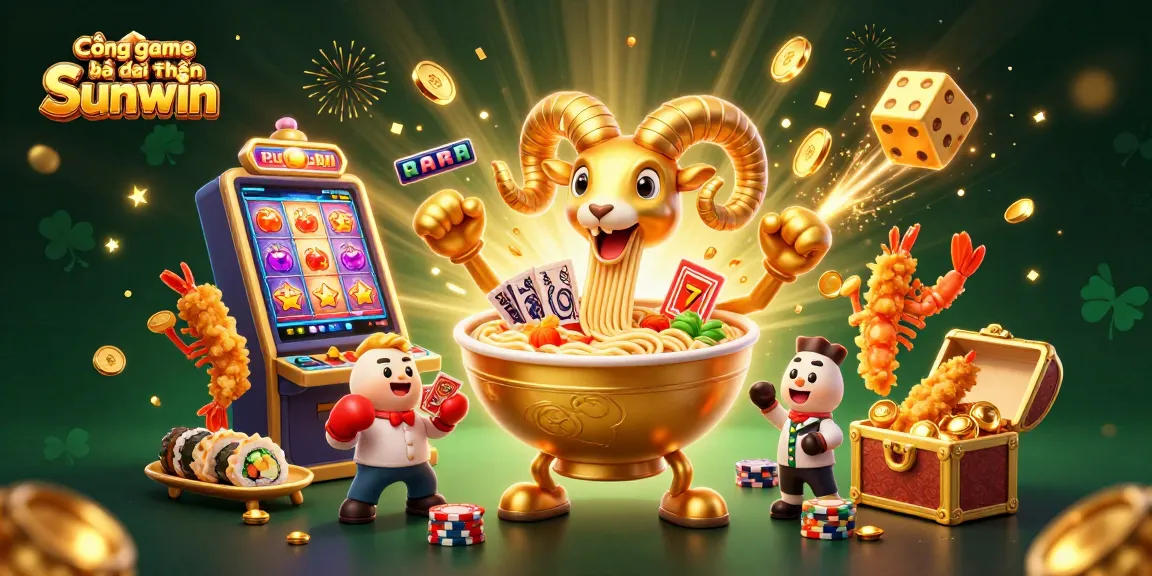 Cổng game bài đổi thưởng Sunwin showcases a vibrant 3D illustration featuring a ramen bowl dealer and lively casino elements.