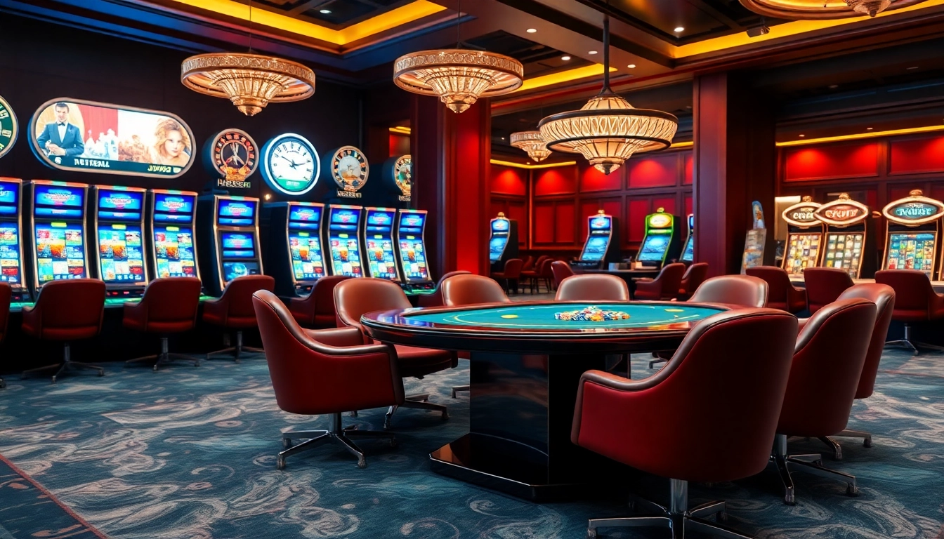 Experience the excitement of Jun888 with a luxurious casino scene featuring a poker table and slot machines.